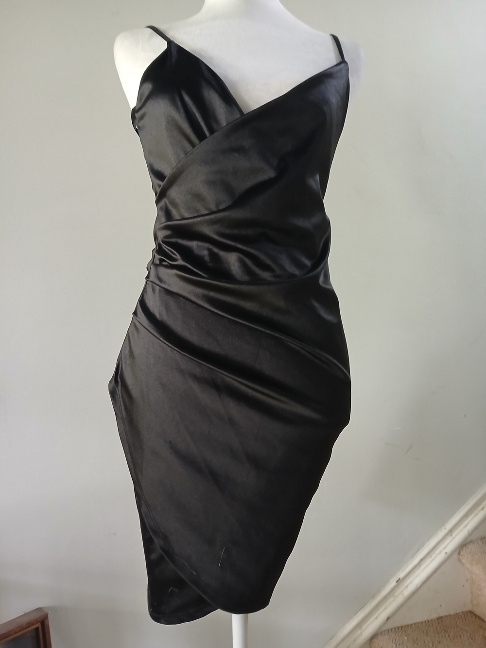 Black Satin Ruched Wrap Mini Dress By LIZ & SARAH